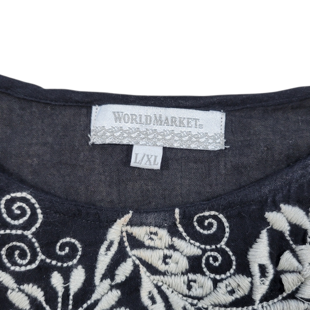 World Market Tunic Top Womens L/XL Black Embroidered Sheer Fairy Boho Indie Folk - Picture 3 of 10